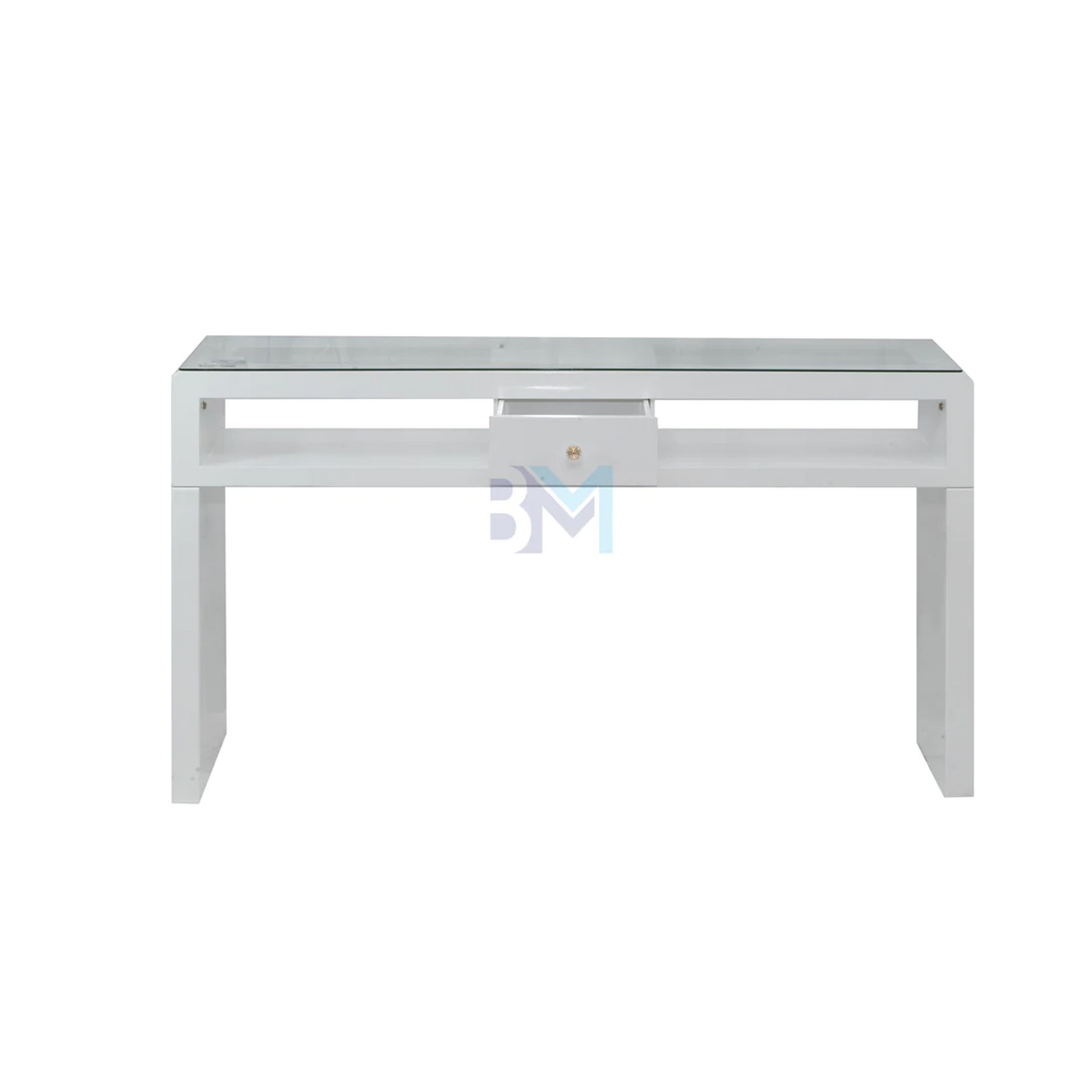 White wooden double manicure table with glass and drawers
