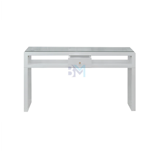 White wooden double manicure table with glass and drawers