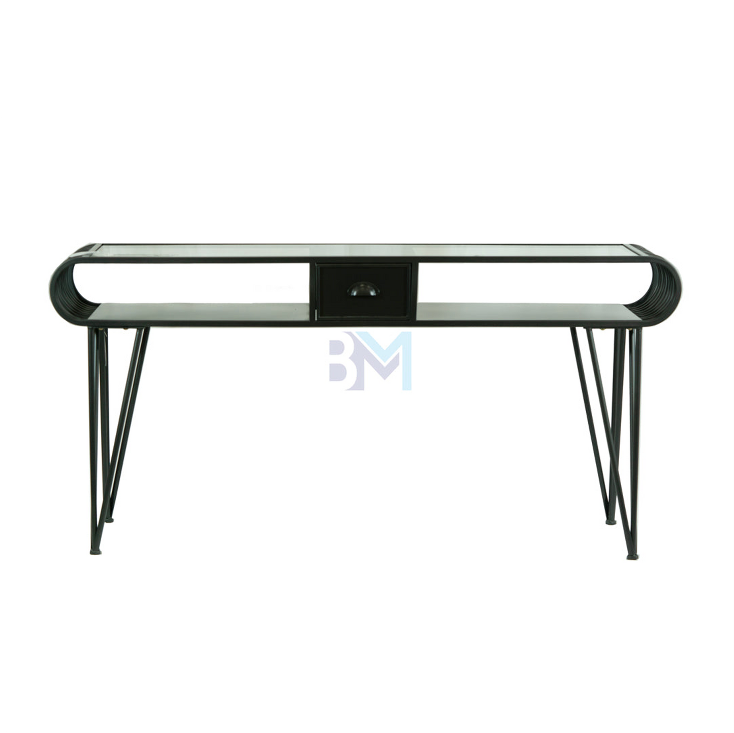 Double manicure table in black metal with drawers and glass