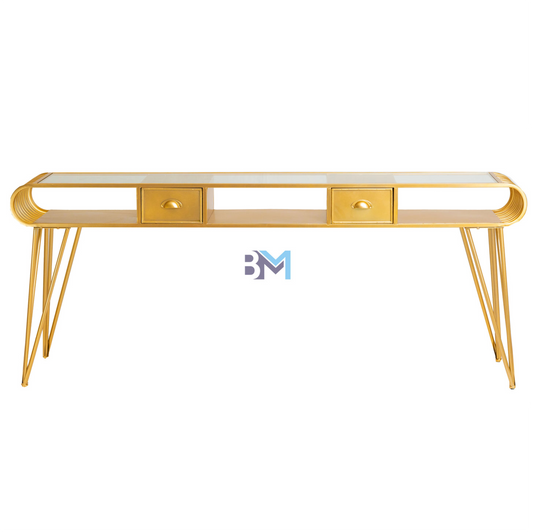 Triple golden metal, glass and drawer manicure table