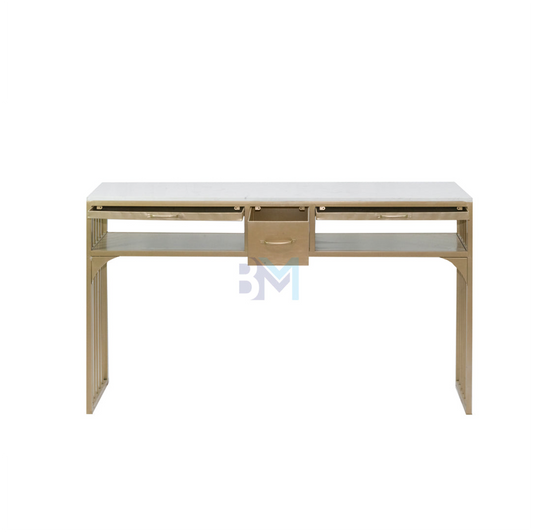 Gold metal double manicure table with marble-like stone, drawers and double tray
