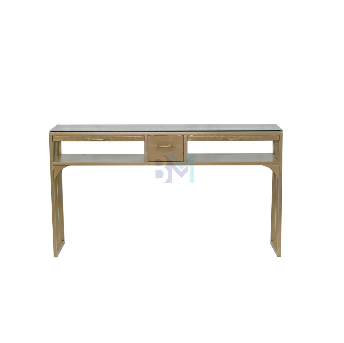 Mesa de manicura doble de metal dorado con cajonera, doble bandeja y cristal