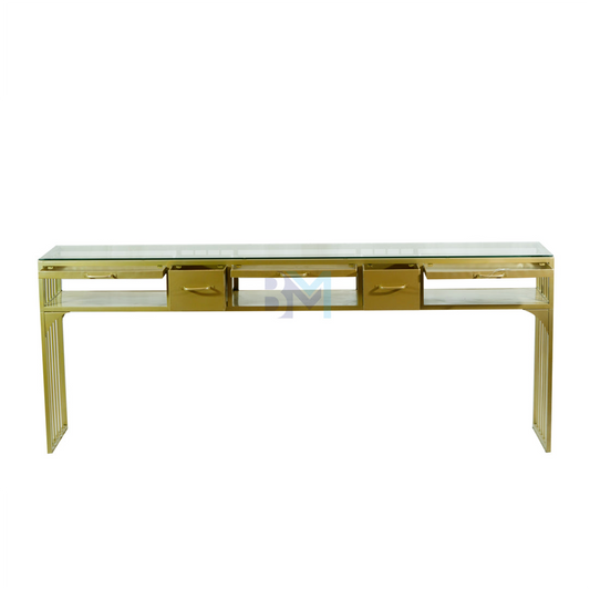 Gold metal triple manicure table with double drawers and triple tray