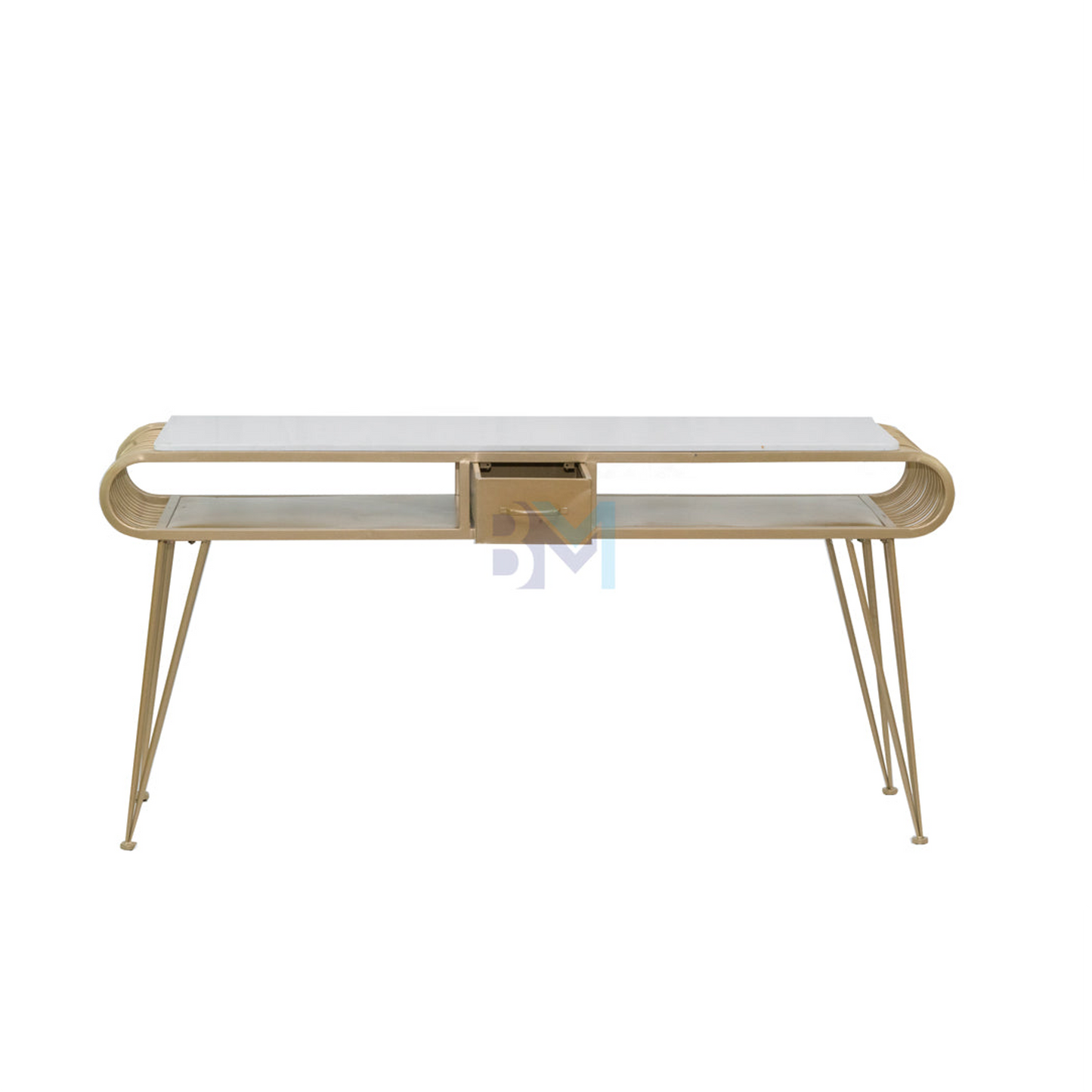 Double manicure table in gold metal with marble-like ceramic and drawers