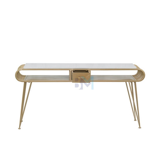 Double manicure table in gold metal with marble-like ceramic and drawers