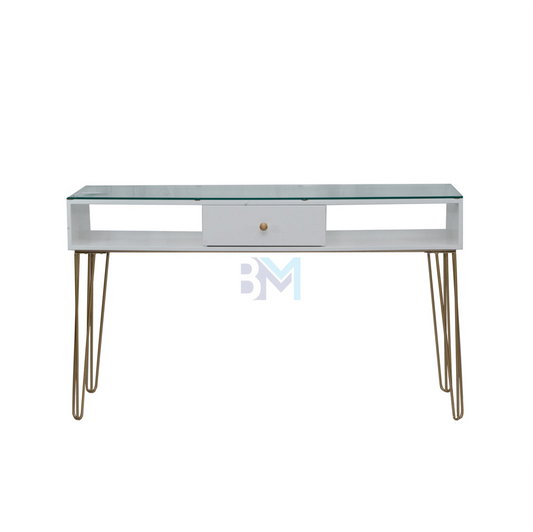 Double manicure table in white wood, gold metal and glass