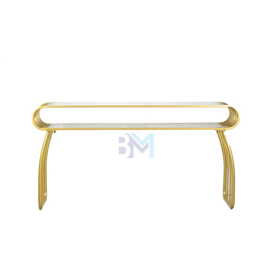 Mesa de manicura doble de metal dorado con cristal