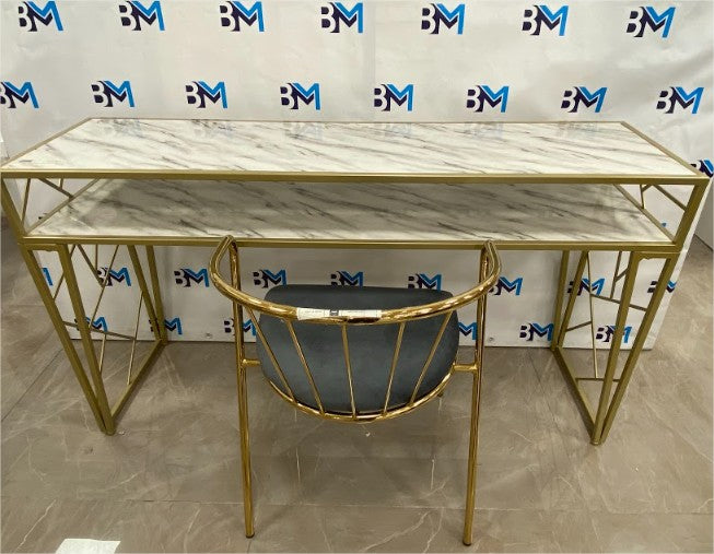 Mesa de manicura doble de metal dorado con superficie tipo mármol