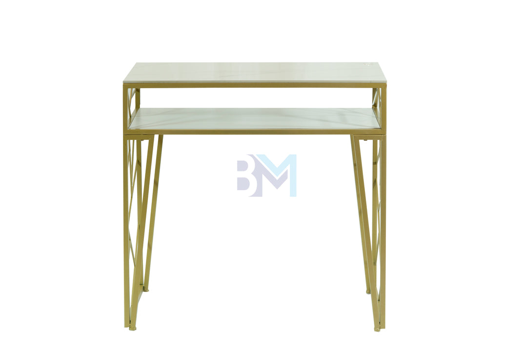 Individual manicure table in gold metal, marble-like stone and wood