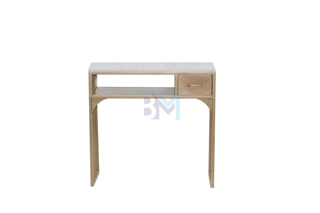 Single manicure table in gold metal with drawers, tray and marble-like stone