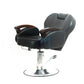 Black barbershop chair with wooden armrests