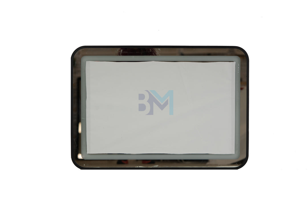 Espejo tocador rectangular con marco metalizado negro y luz led integrada de color azul