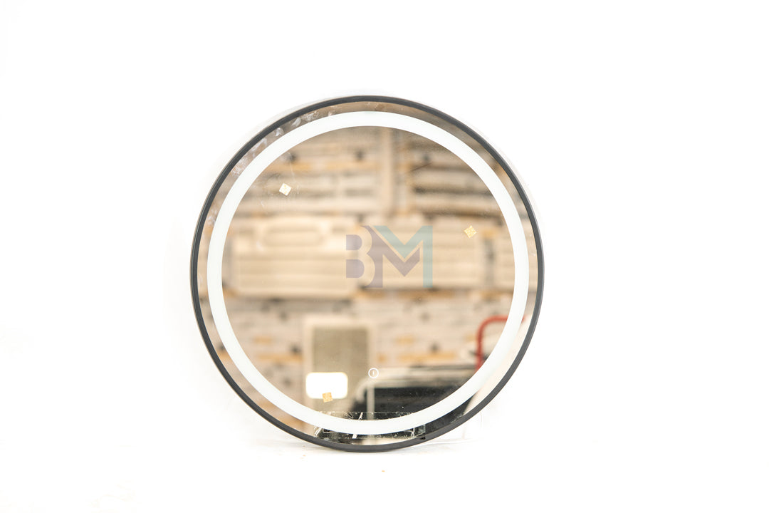 Espejo circular marco negro con luz led integrada de color azul