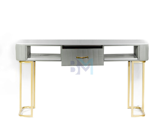 Double manicure table in gray leatherette with marble-like stone and golden base