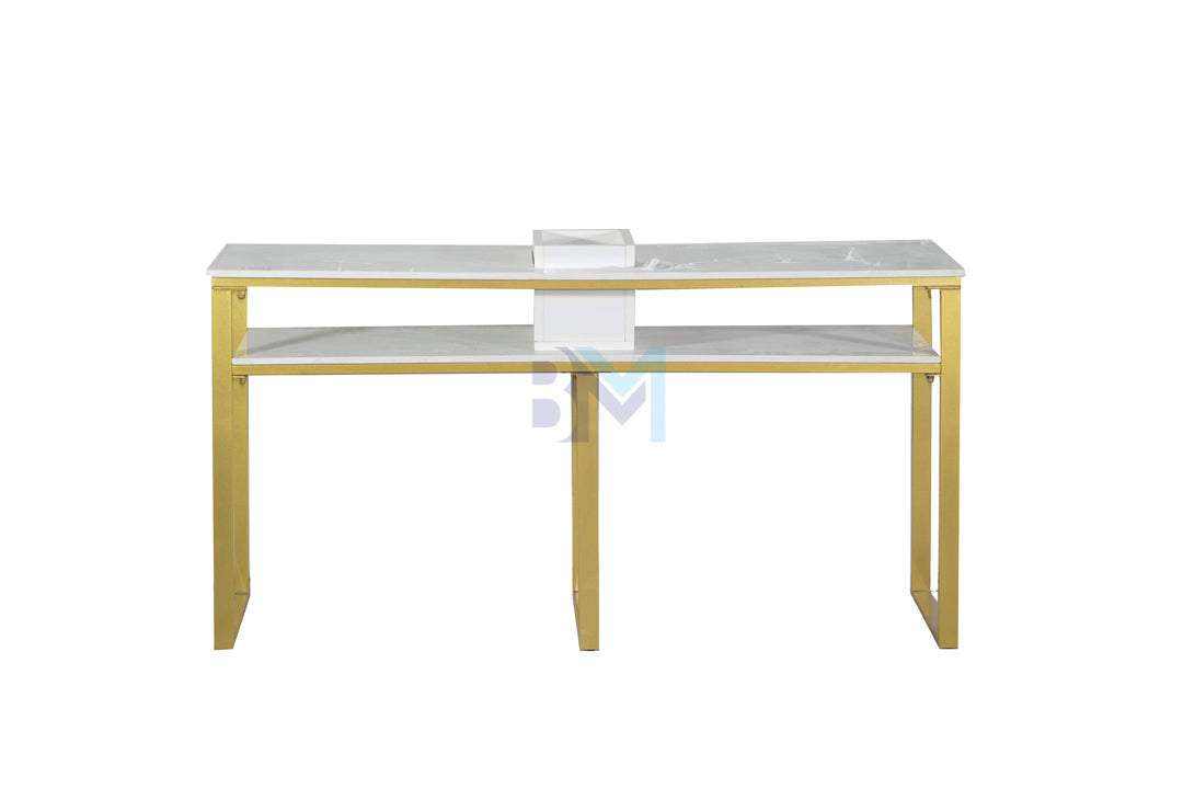 Mesa de manicura doble de metal dorado con piedra tipo mármol