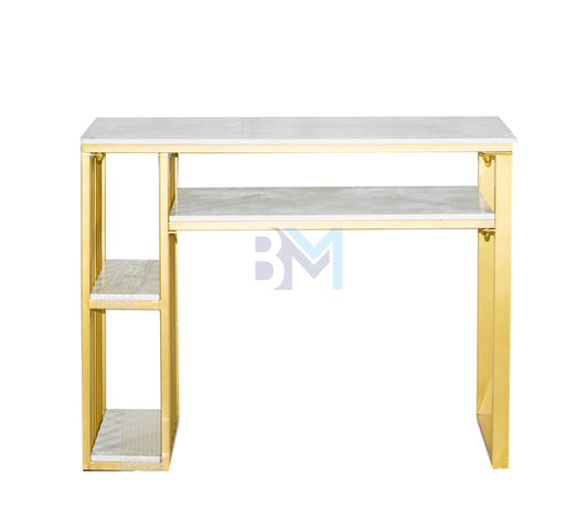 Single manicure table in gold metal, marble-like stone and shelves