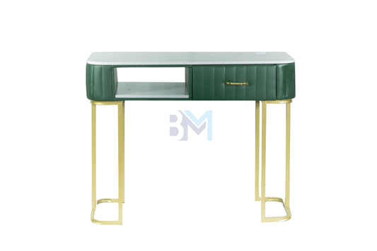 Individual manicure table in green leatherette with marble-like stone and golden base