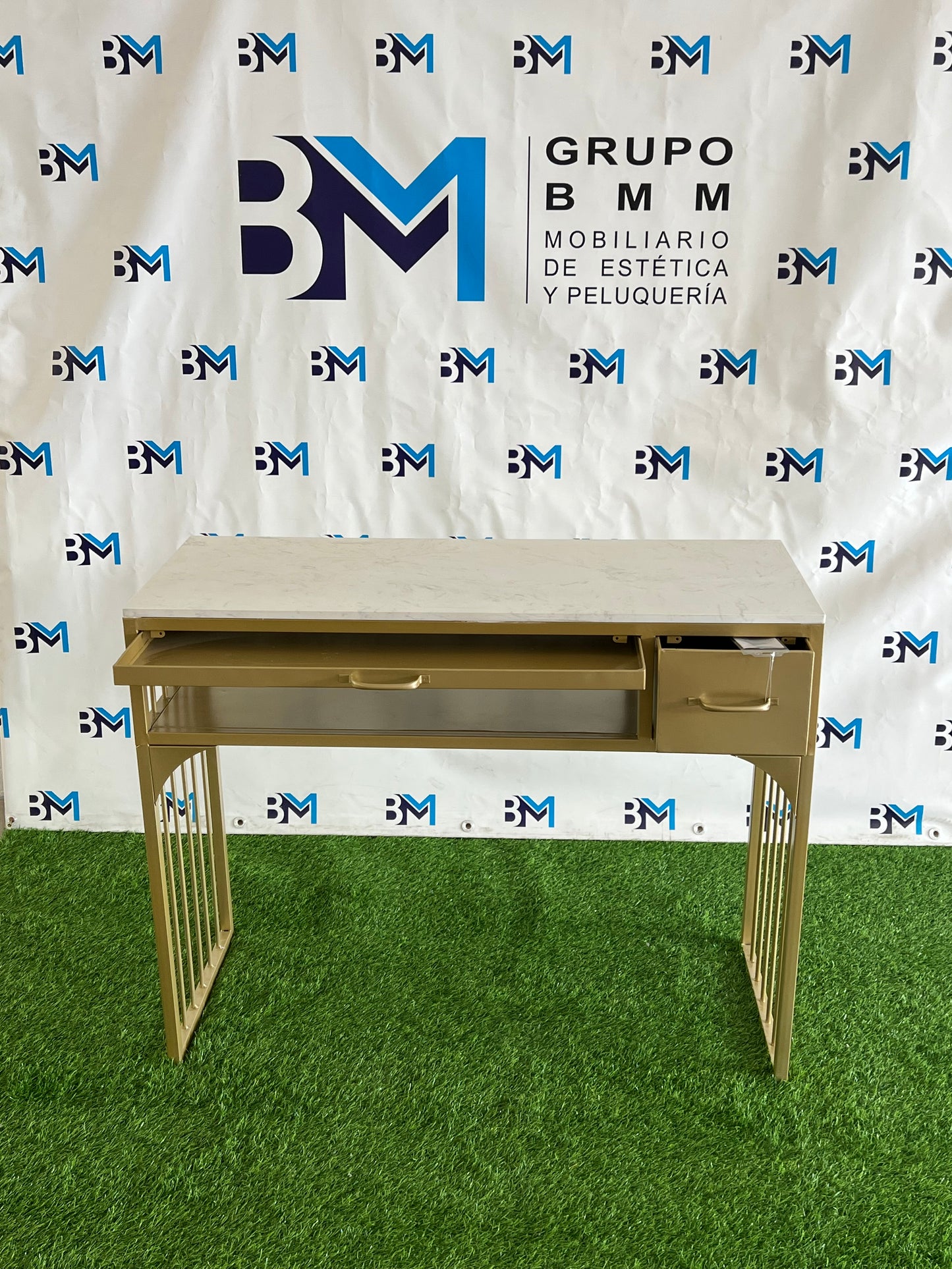 Gold metal individual manicure table with tray, drawers and marble-like stone