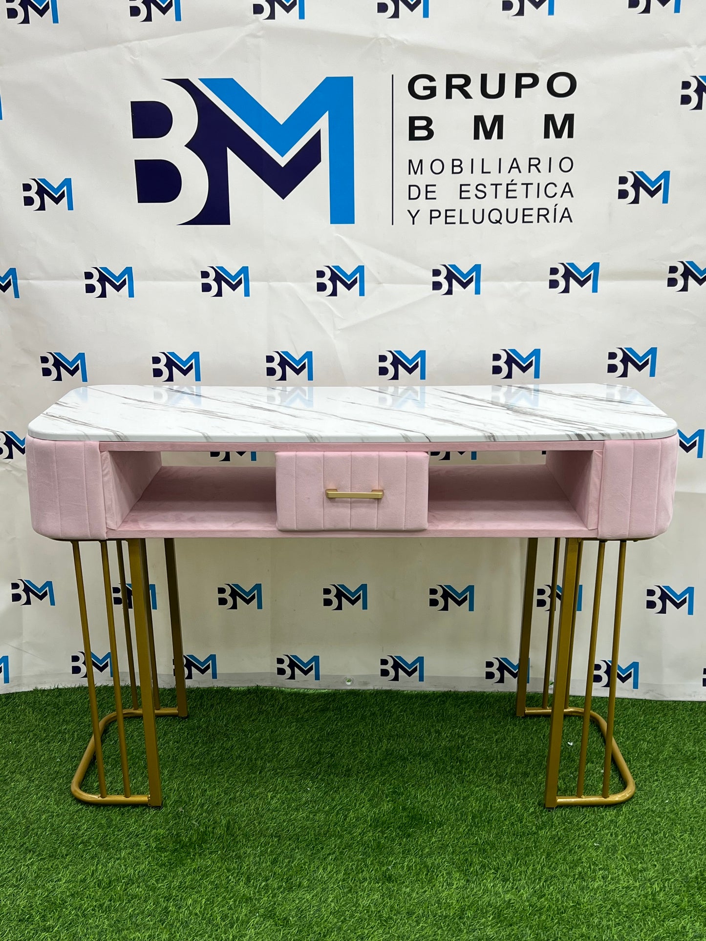 Pink Velvet Manicure Table with Gold Base and Marble Top 