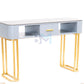 Manicure table in gray wood with marble-like ceramic and gold base