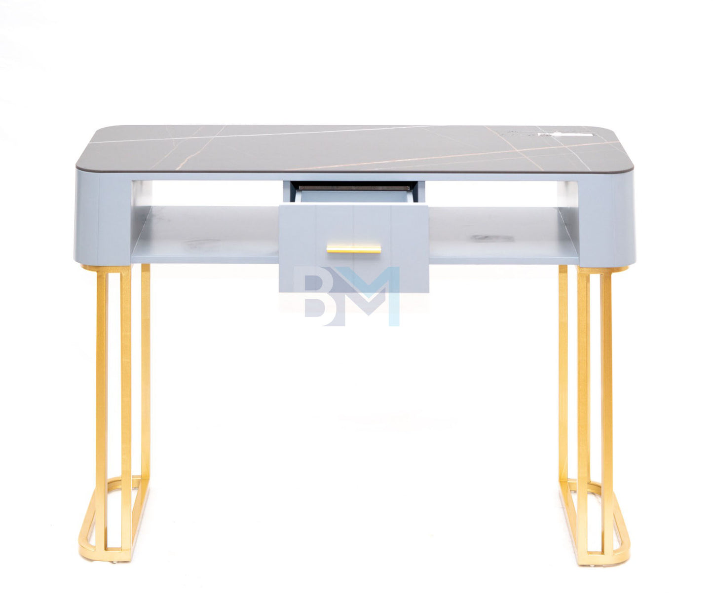 Manicure table in gray wood with marble-like ceramic and gold base