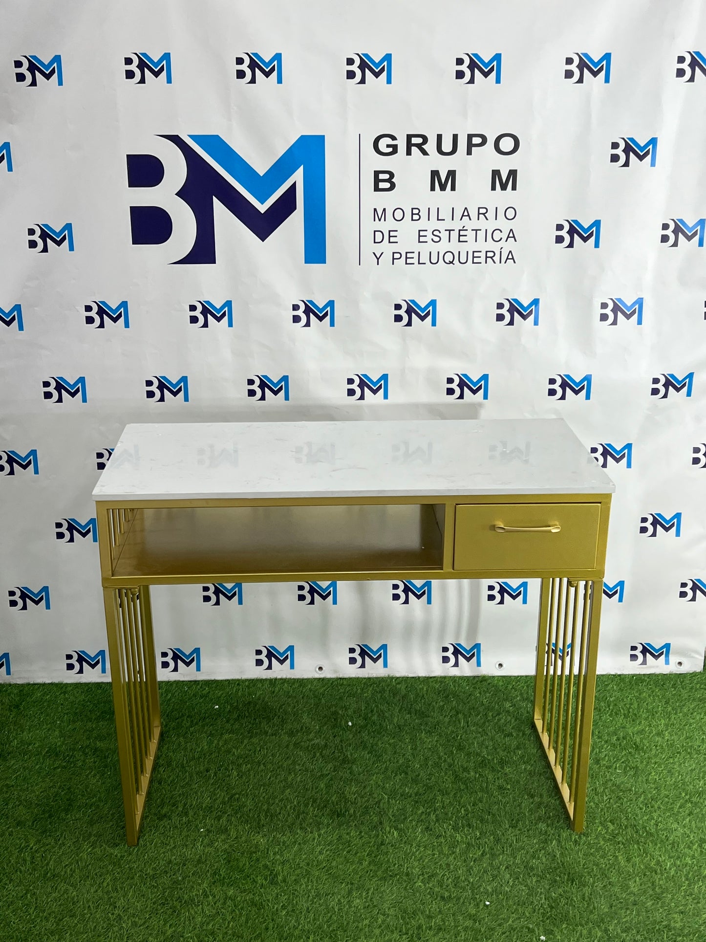 Individual gold metal manicure table with drawers and marble-like stone