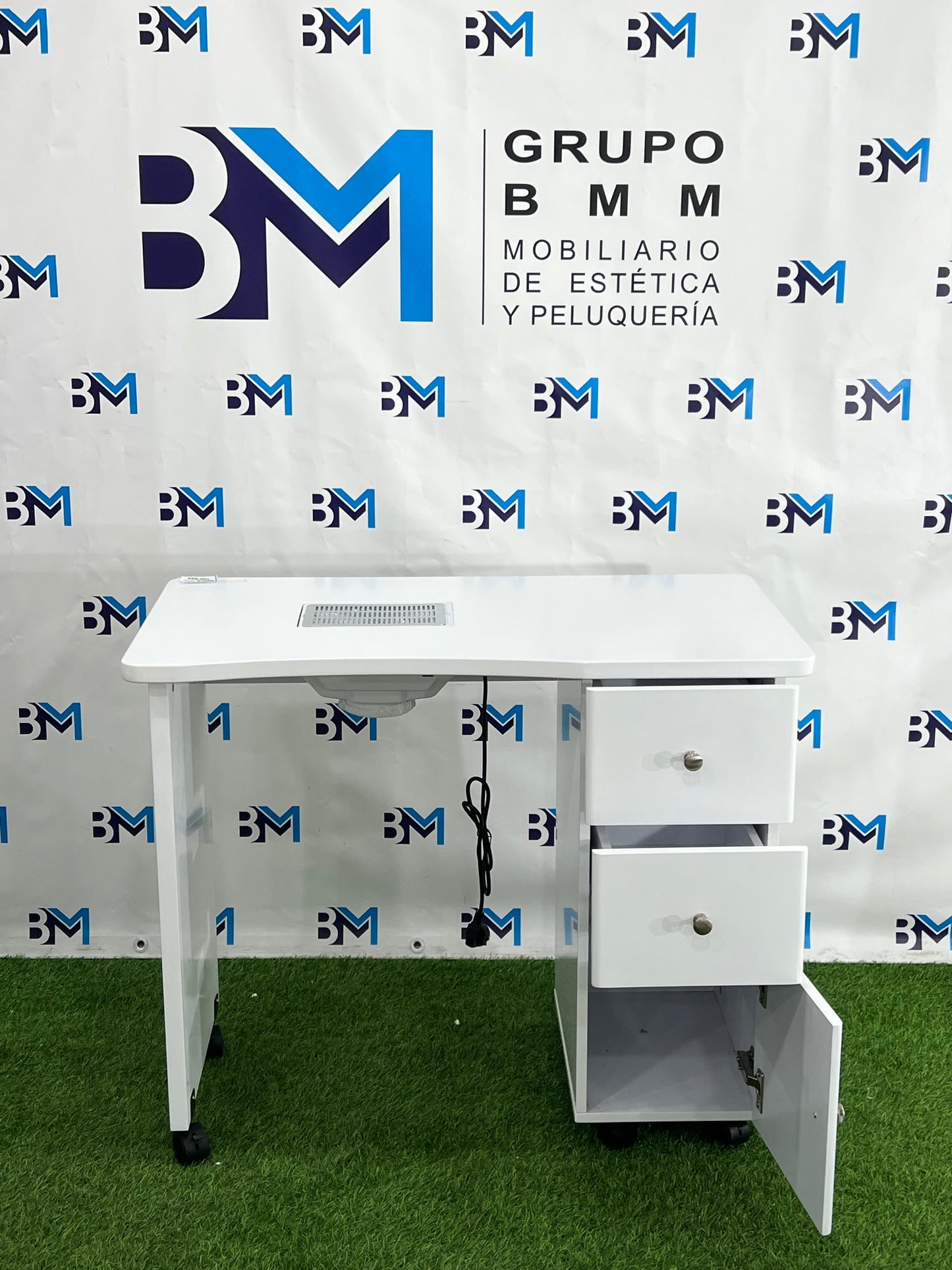 White individual manicure table with wooden top, drawers and vacuum cleaner