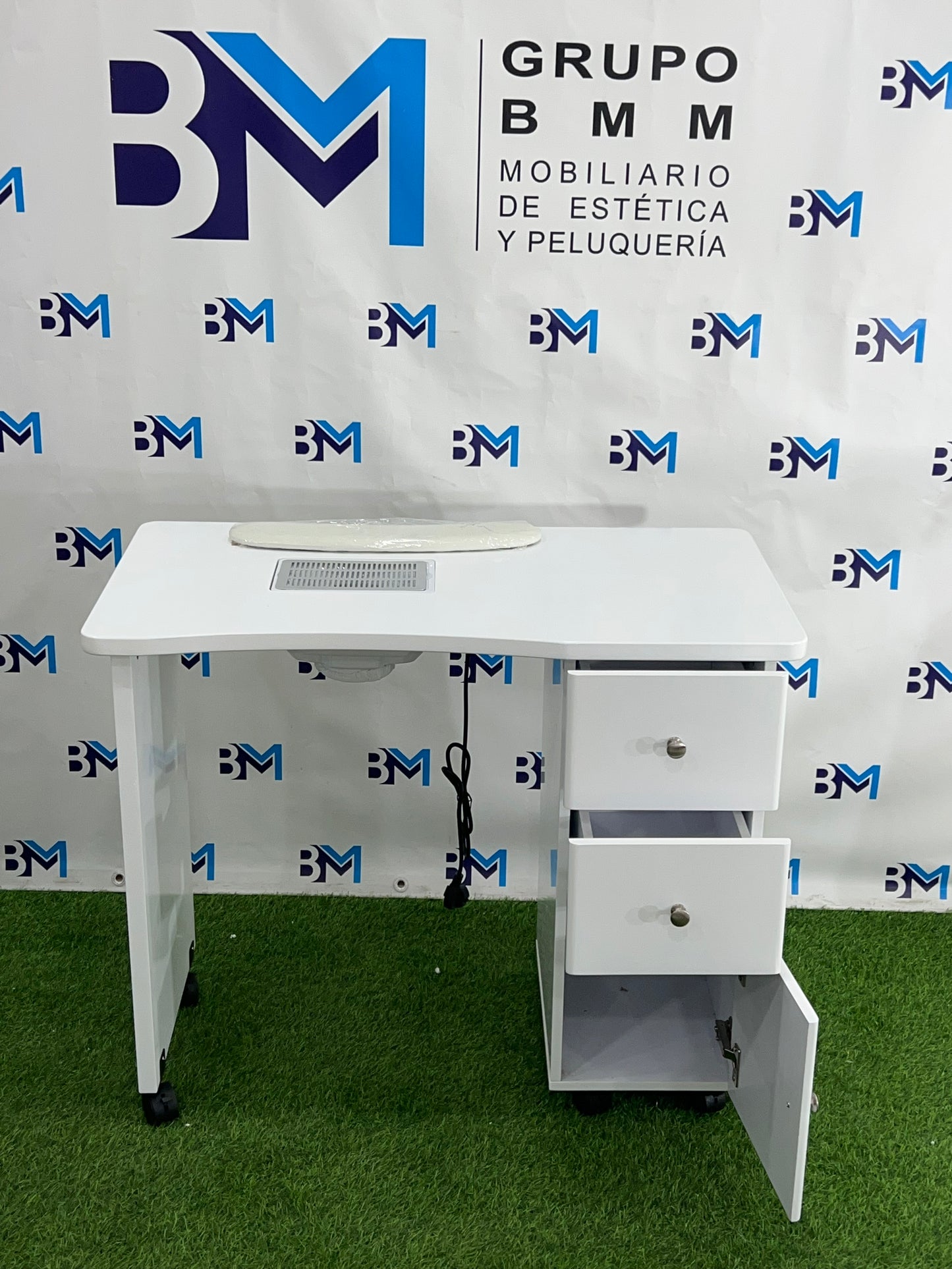 White individual manicure table with wooden top, drawers and vacuum cleaner