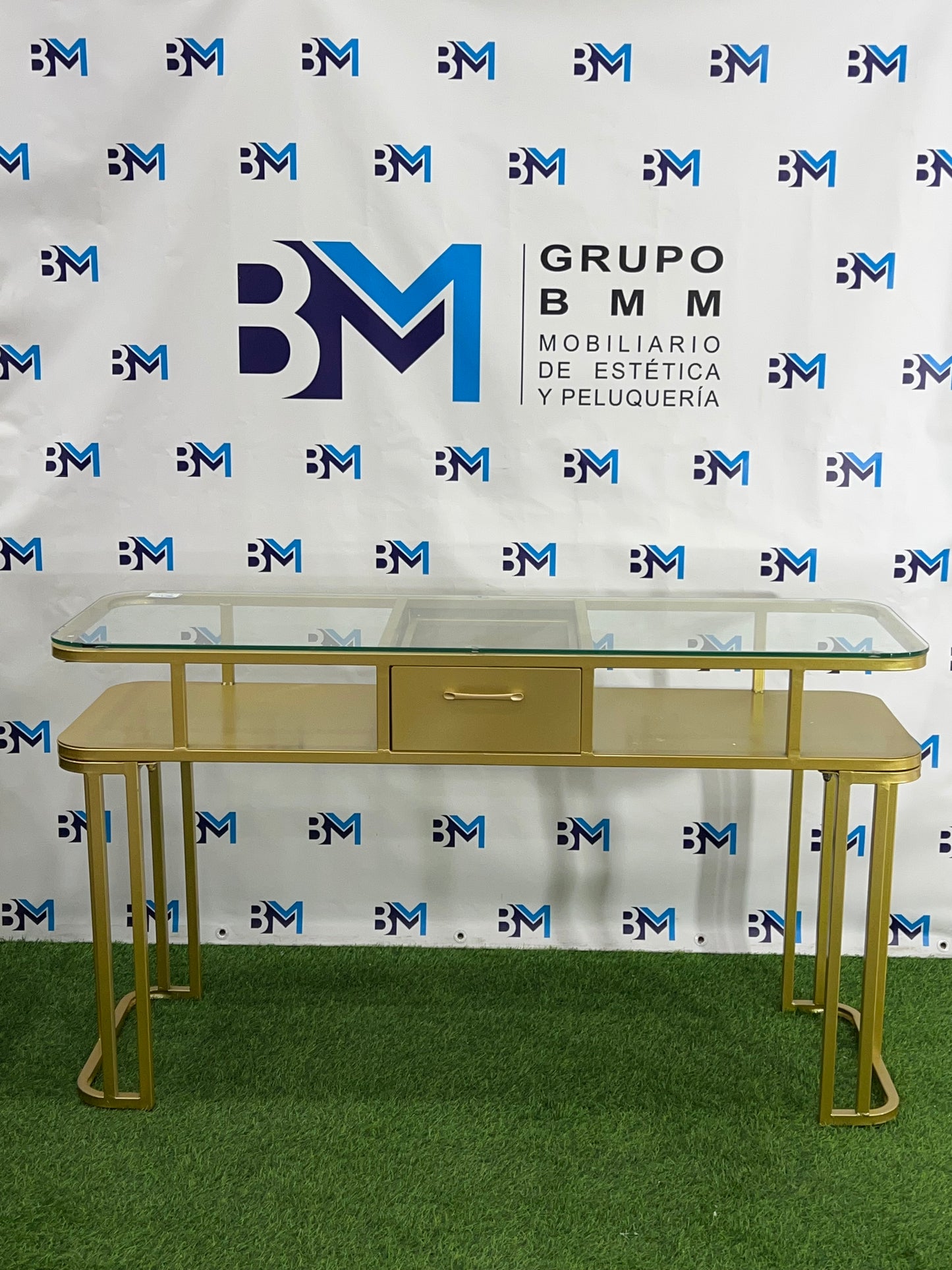 Gold metal double manicure table with glass and drawers