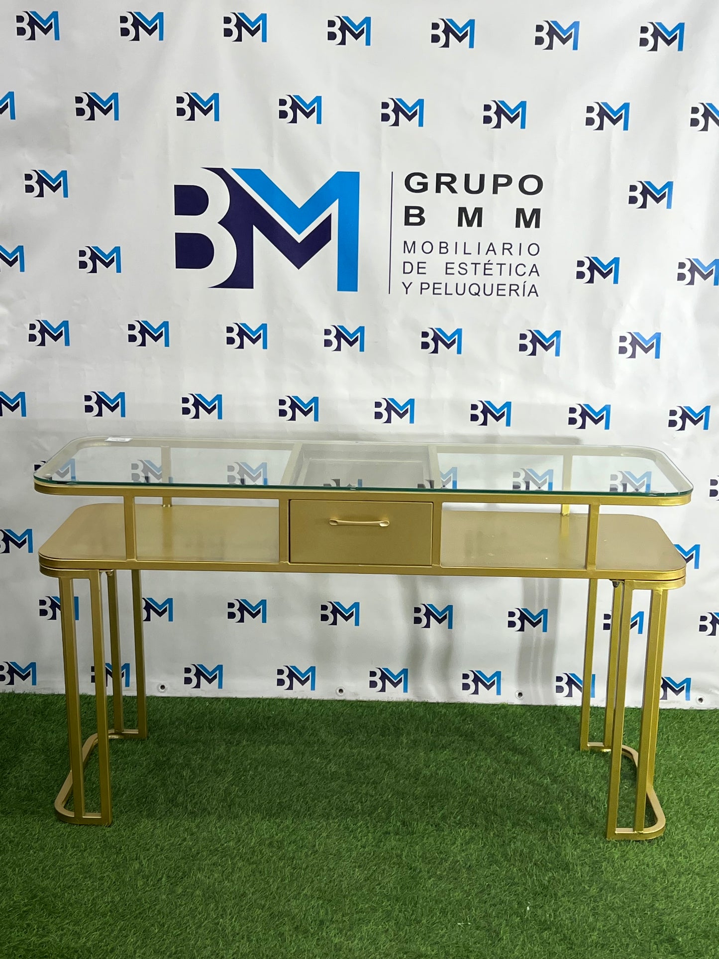 Gold metal double manicure table with glass and drawers