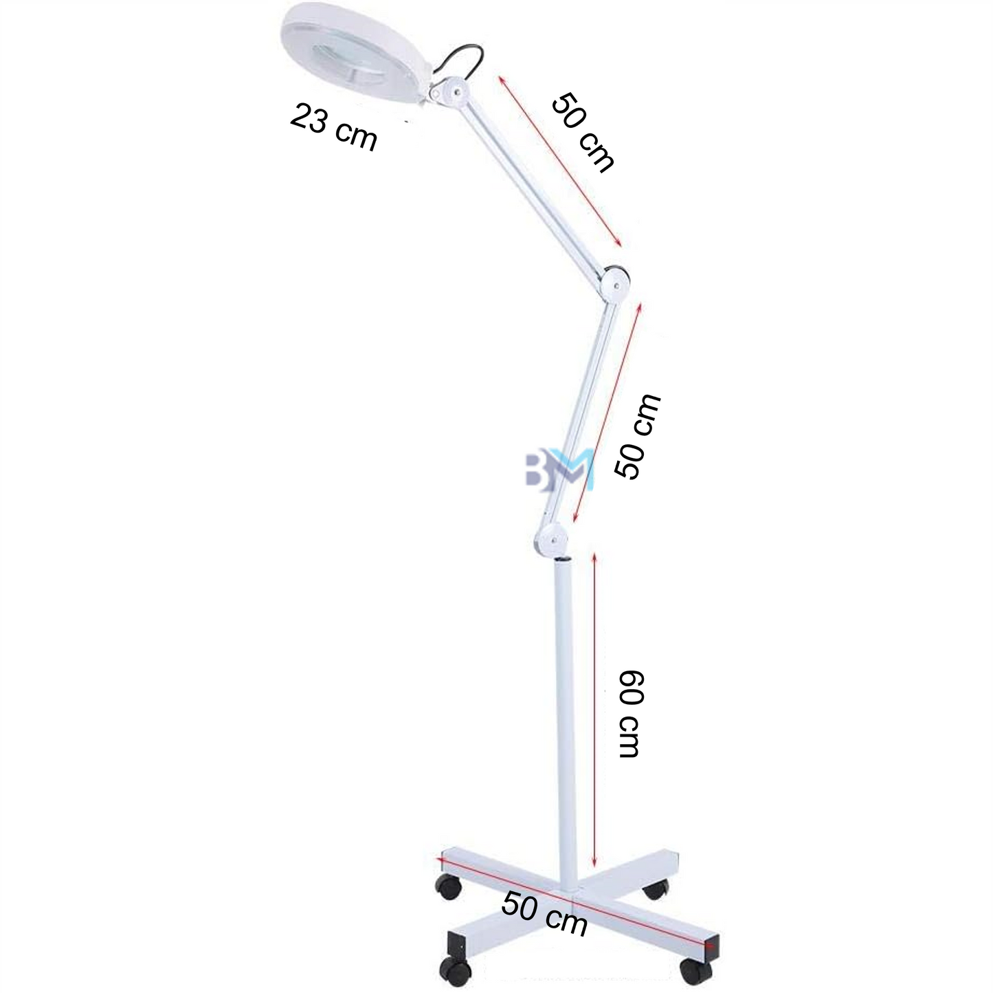 Lupa de pie con luz LED, brazo articulado y base con ruedas