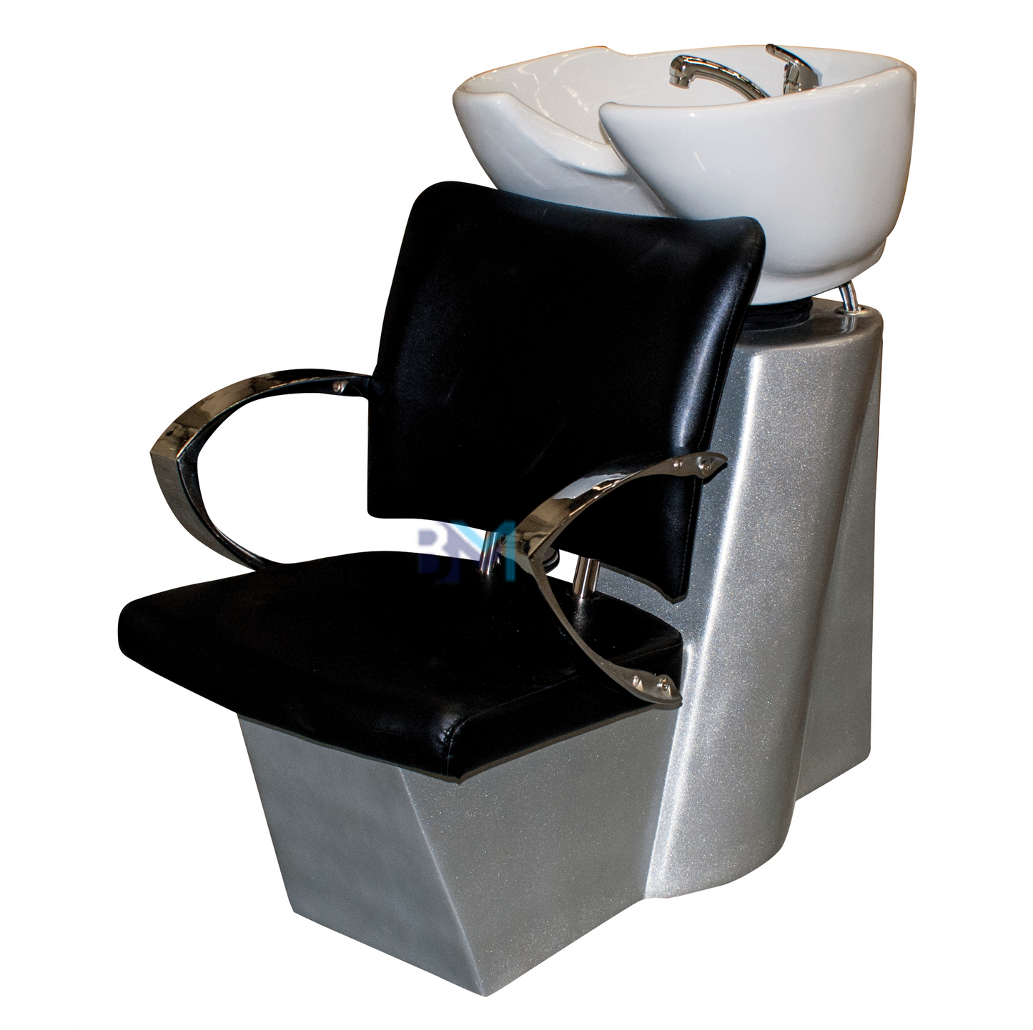 Lavacabezas negro con apoyabrazos cromados, asiento ajustable y cerámica de color blanco