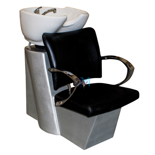 Lavacabezas negro con apoyabrazos cromados, asiento ajustable y cerámica de color blanco