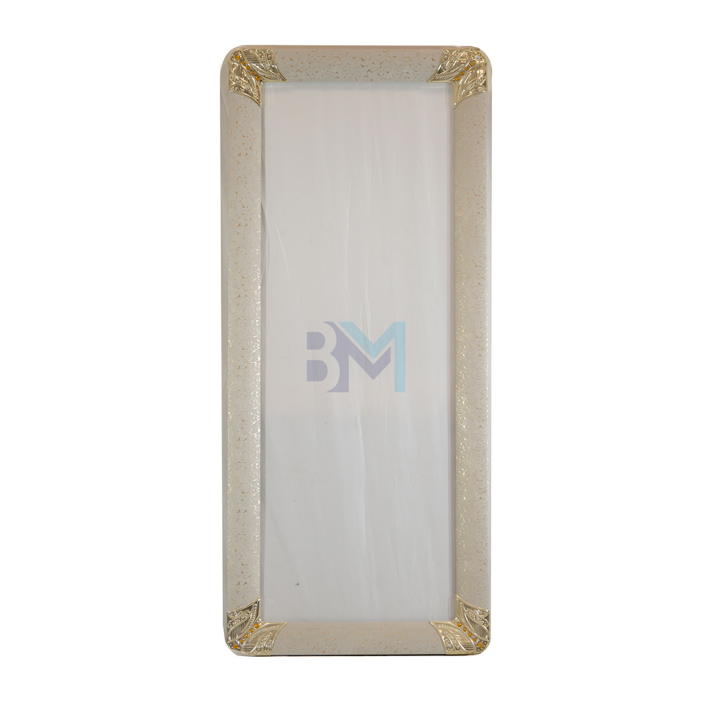 Mirror with white wooden frame with golden corners