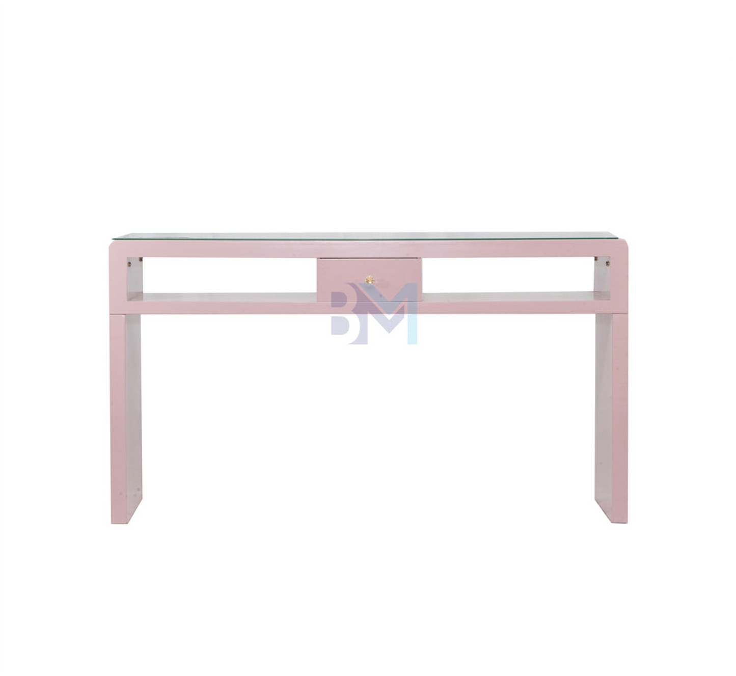 Pink Wood Double Manicure Table with Glass and Drawer