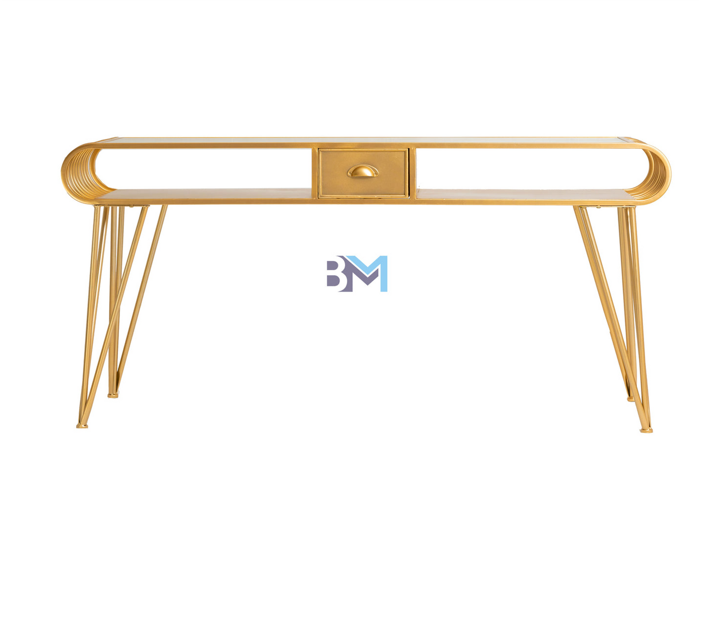 Gold metal double manicure table with drawers and glass