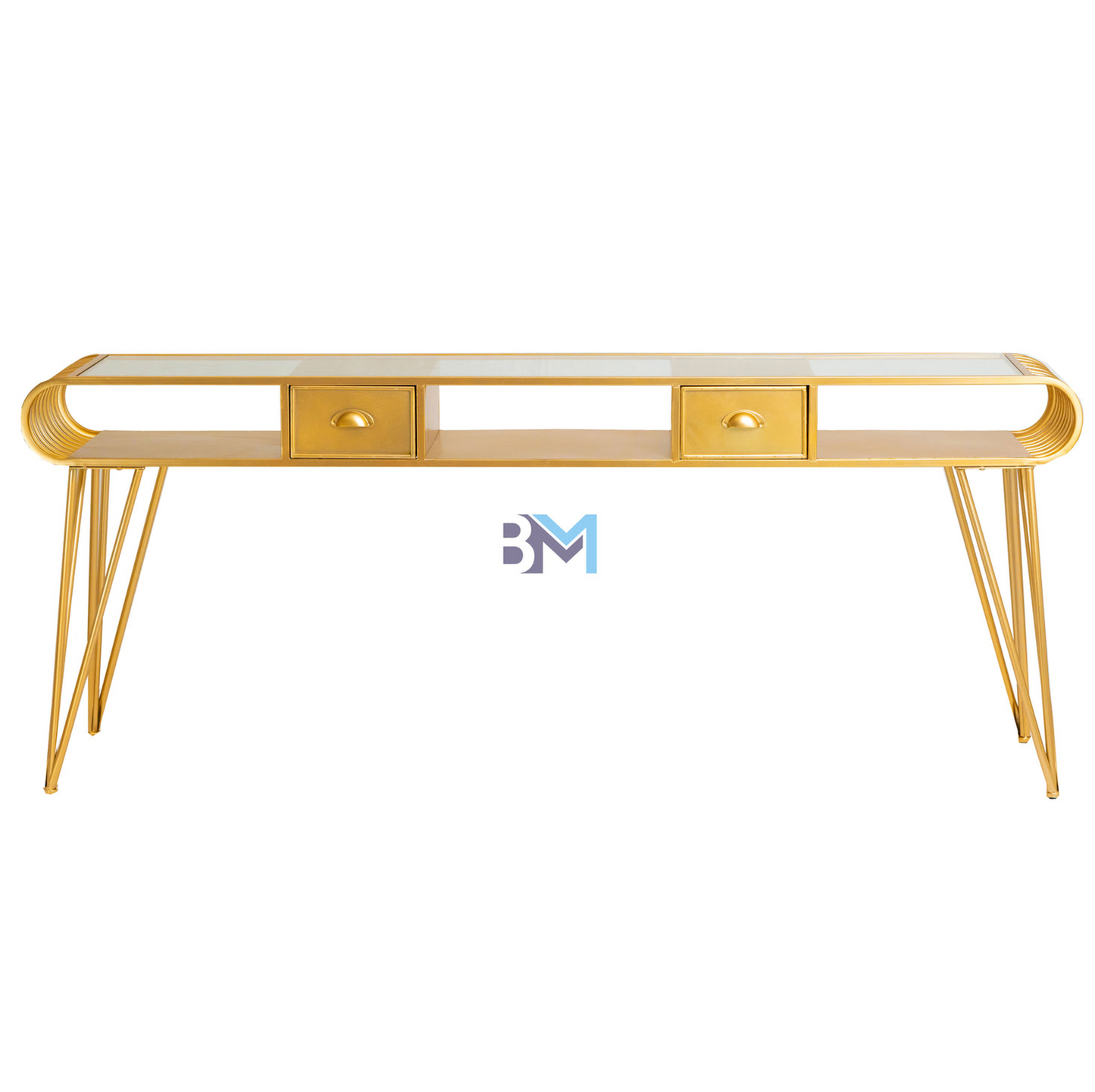Triple golden metal, glass and drawer manicure table