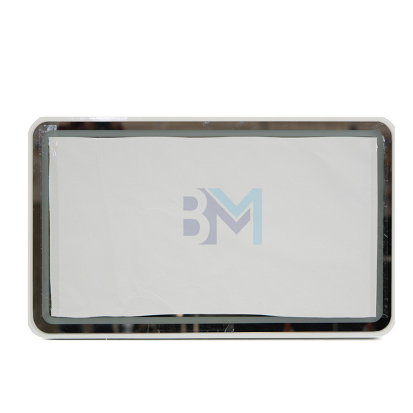 Espejo rectangular tocador con marco metalizado blanco y luz led integrada de color azul
