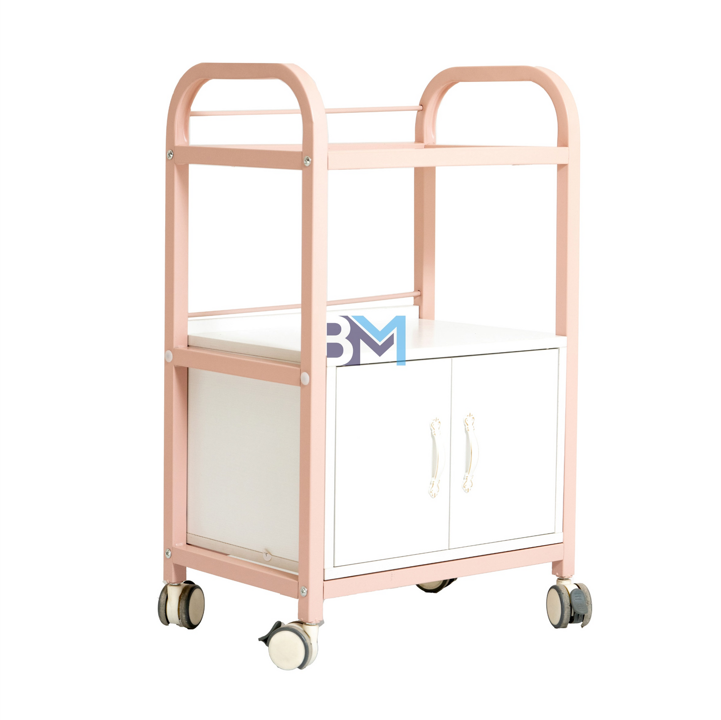 Carrito auxiliar blanco o rosado de madera con dos estantes y un gabinete