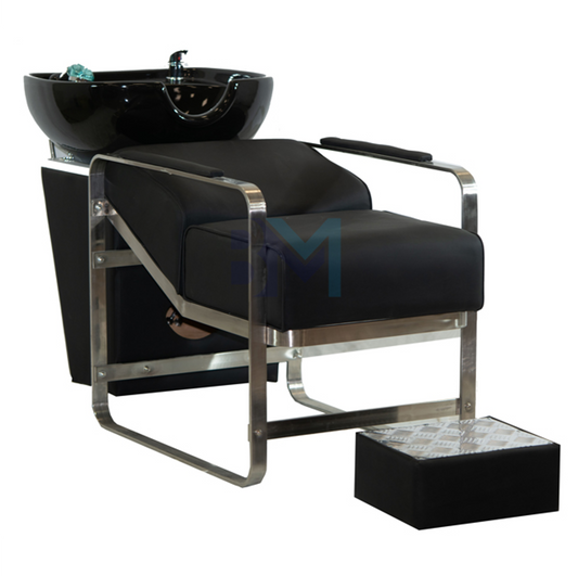 Black washbasin with chrome base and reclining backrest