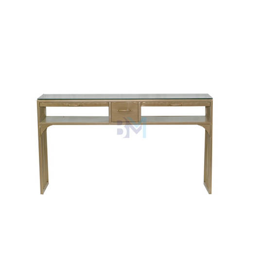 Mesa de manicura doble de metal dorado con cajonera, doble bandeja y cristal