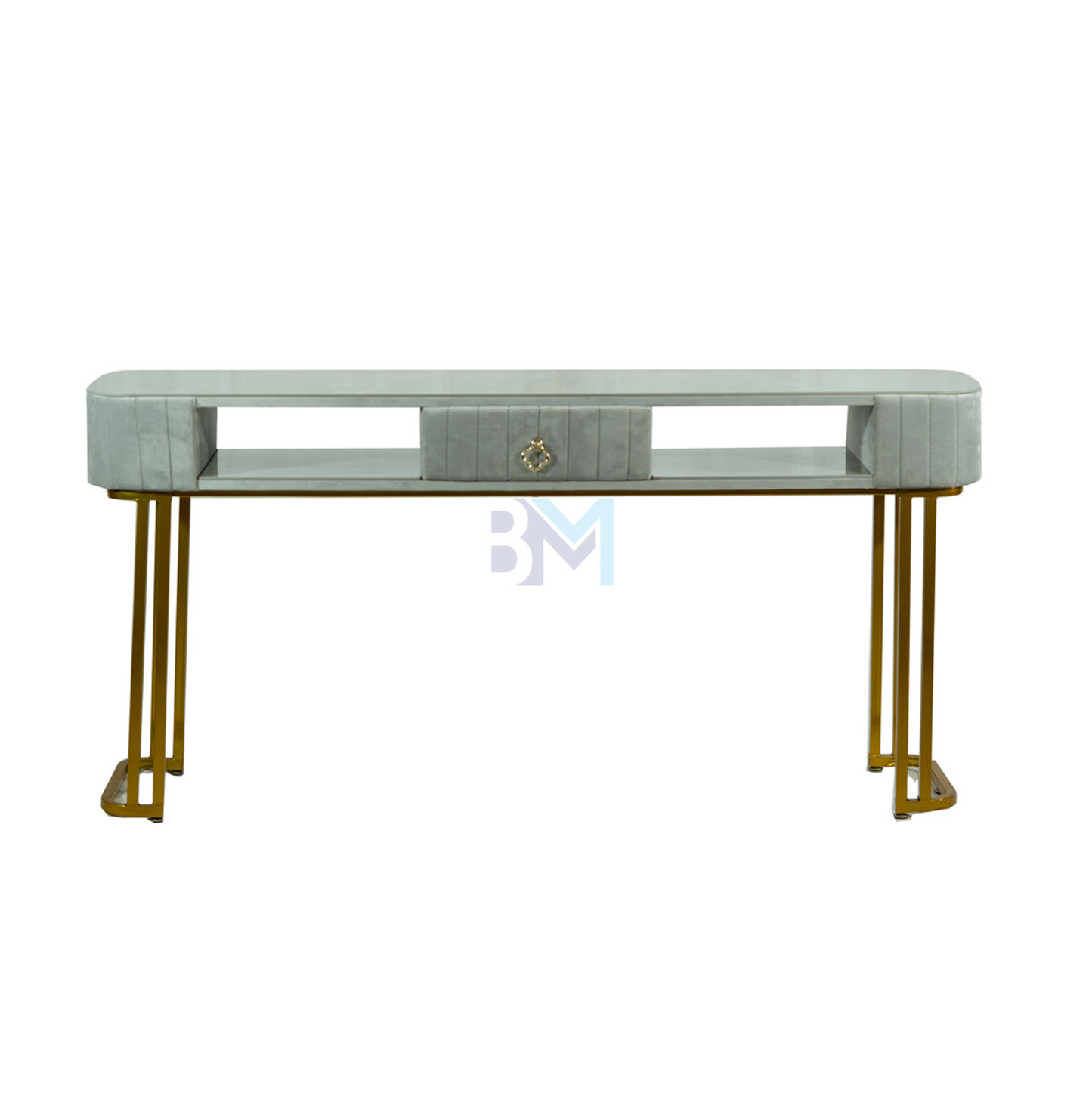 Double manicure table in gray velvet with marble-like ceramic and gold base