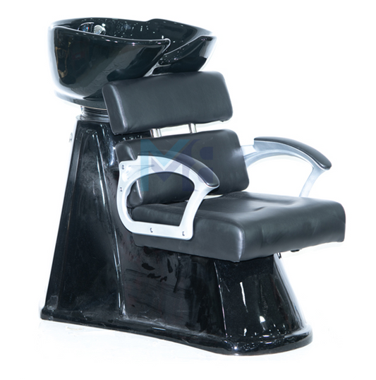 Black washbasin with coated chrome armrests and white ceramic
