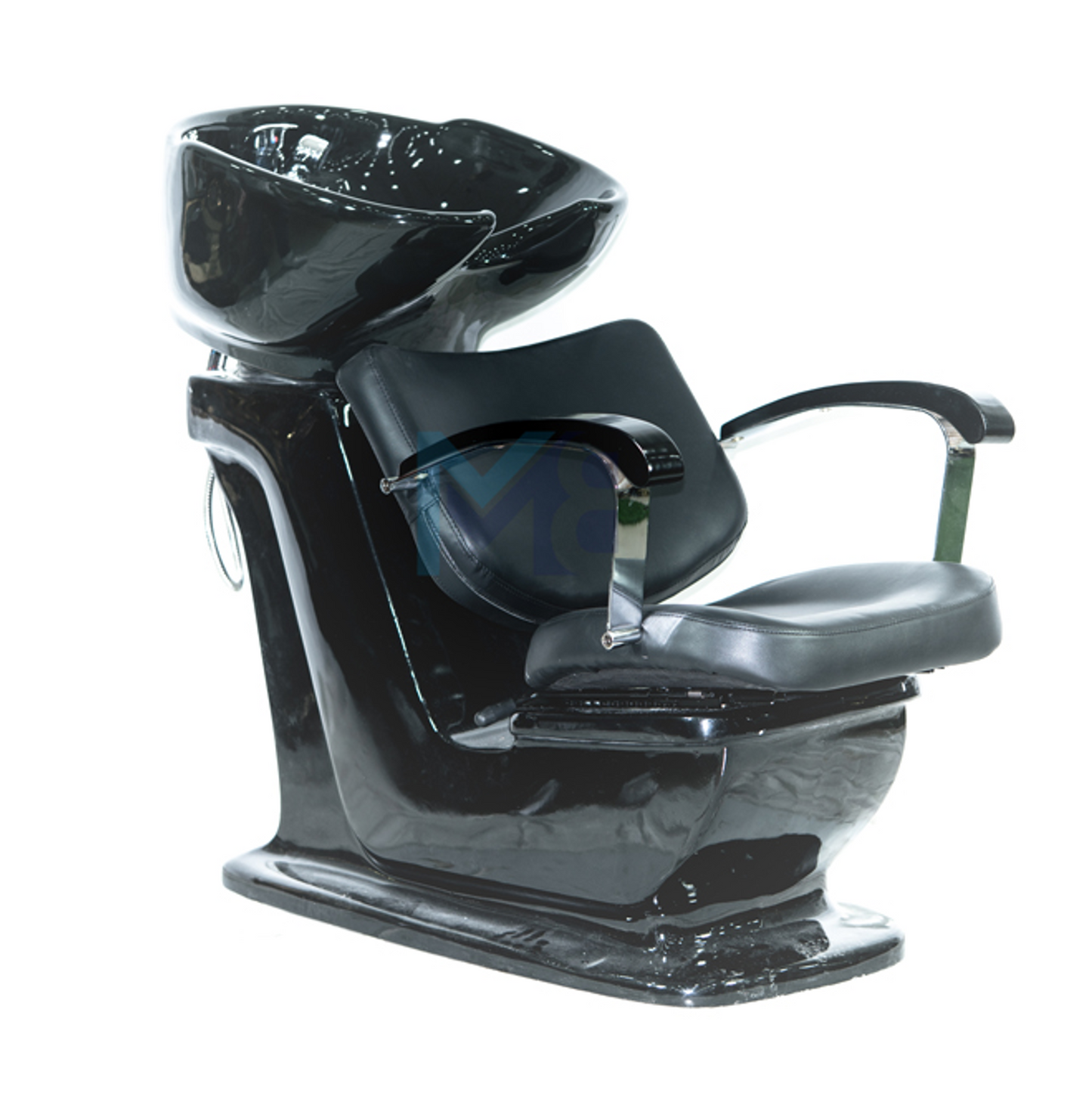 Black sink with coated chrome armrests and black ceramic