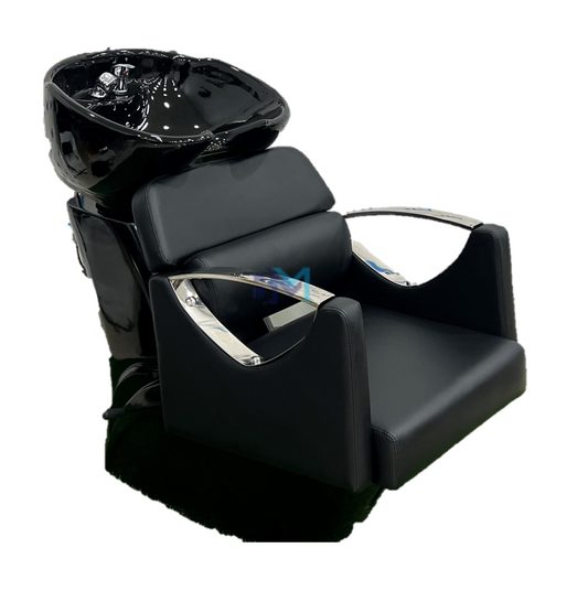 Black washbasin with chrome armrests and black ceramic