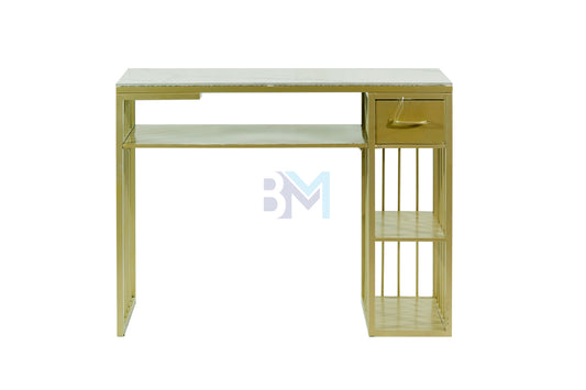 Mesa de manicura individual de metal dorado con cajonera, estantería lateral y piedra tipo mármol