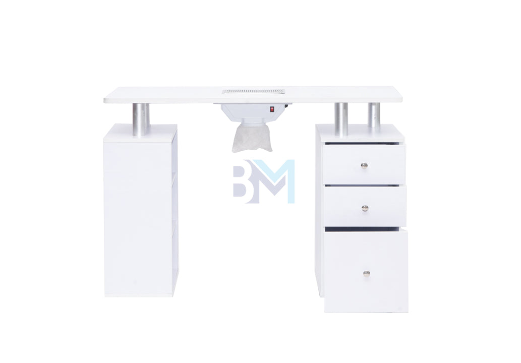 White manicure table with wooden top, vacuum cleaner and drawers