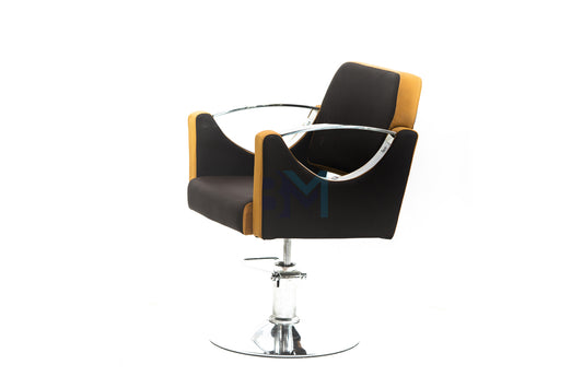 Black and brown hairdressing chair with chromed metal armrests