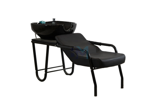 Black washbasin with reclining backrest and black metal structure