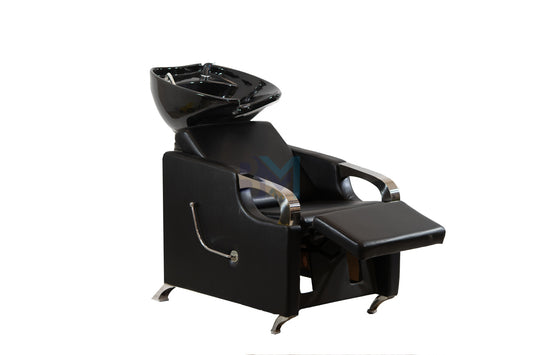 Black washbasin with chrome arms and manual footrest